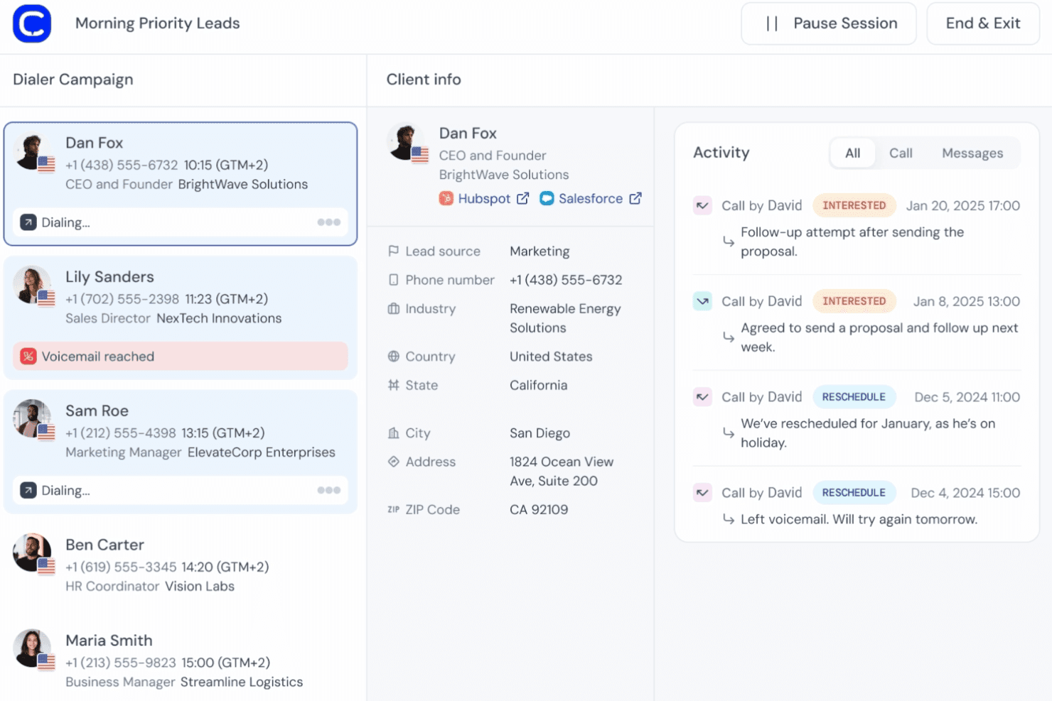 CloudTalk dialer campaign dashboard showing client info, call history, and lead activity panel.