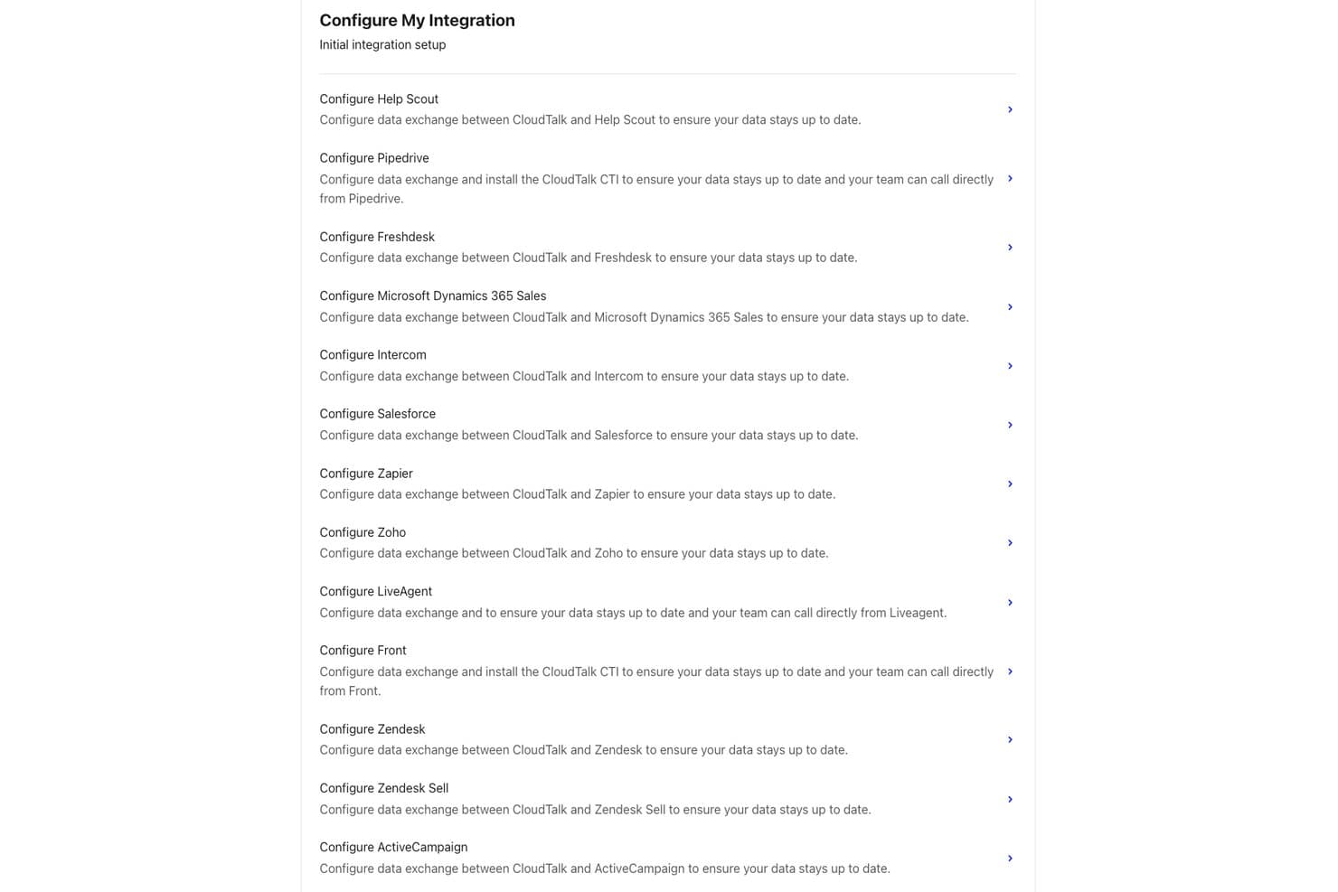 CloudTalk integration setup list showing configuration options for Help Scout, Salesforce, Zendesk, and other apps.