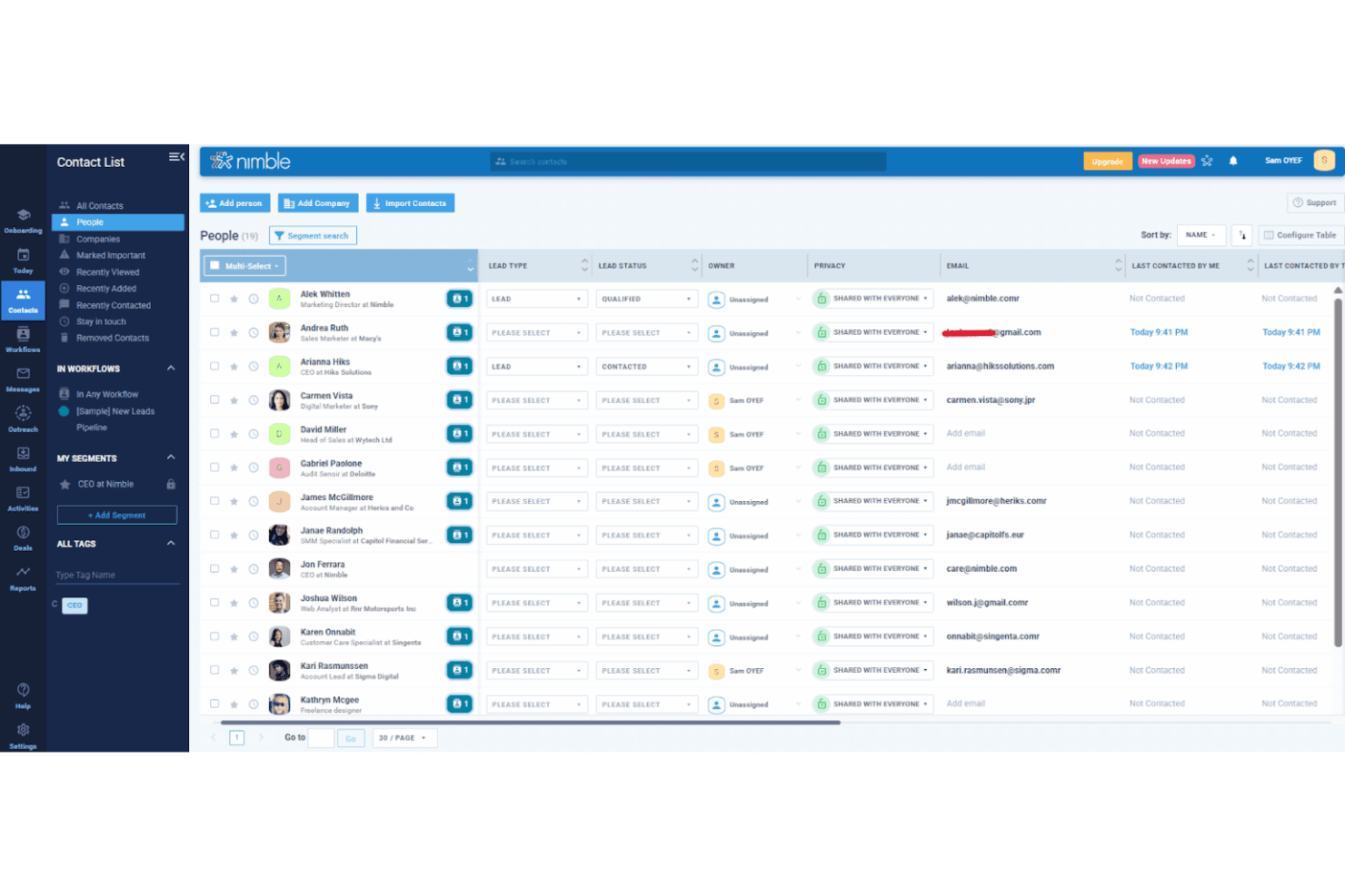 Nimble CRM contact list showing 19 people with lead status, owner, and email fields.