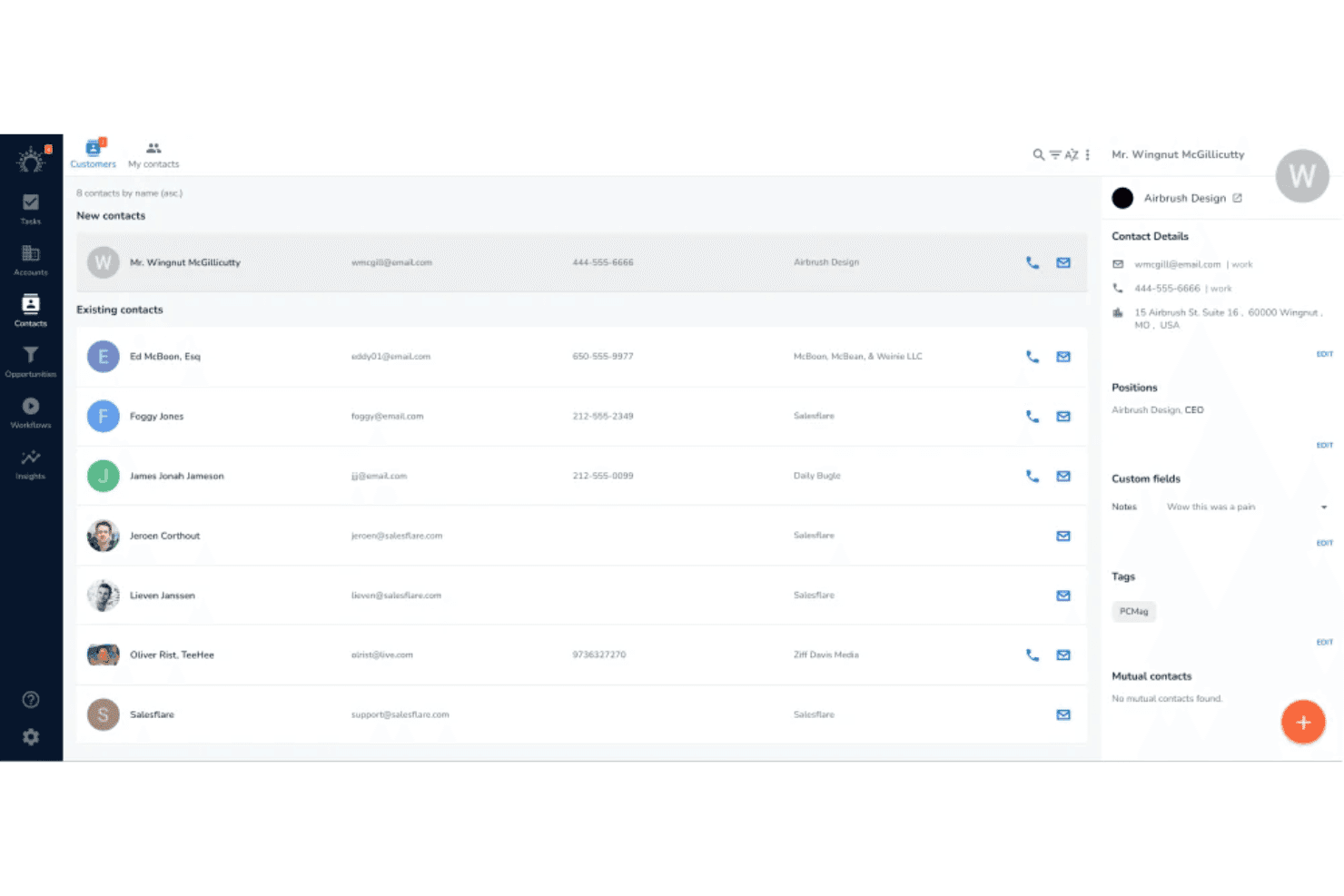 Salesflare contacts list showing enriched profiles, emails, phone numbers, and details panel.