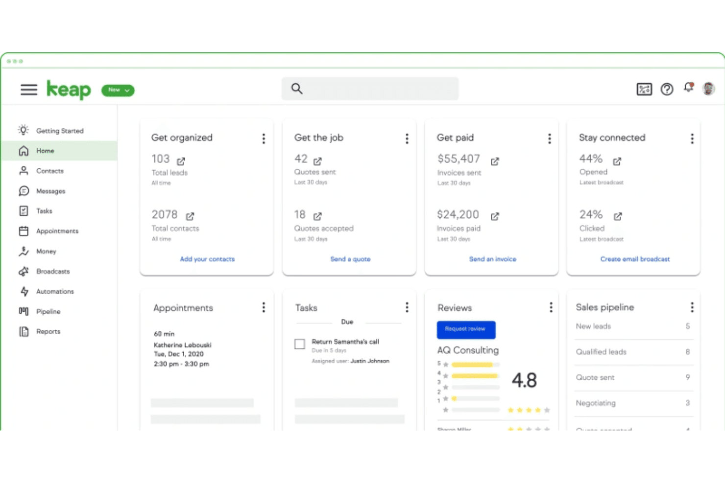 Keap’s dashboard
