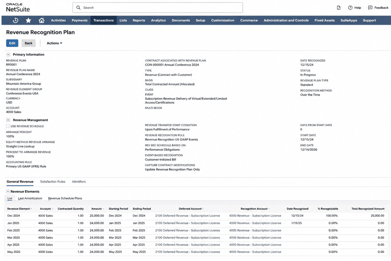 Oracle NetSuite automated revenue recognition dashboard featuring contract-based revenue schedules, subscription billing, usage charges, and ASC 606 compliance.