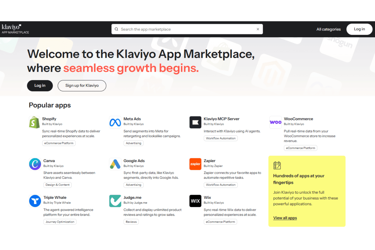 Klaviyo integrations dashboard with connected apps and API tools.