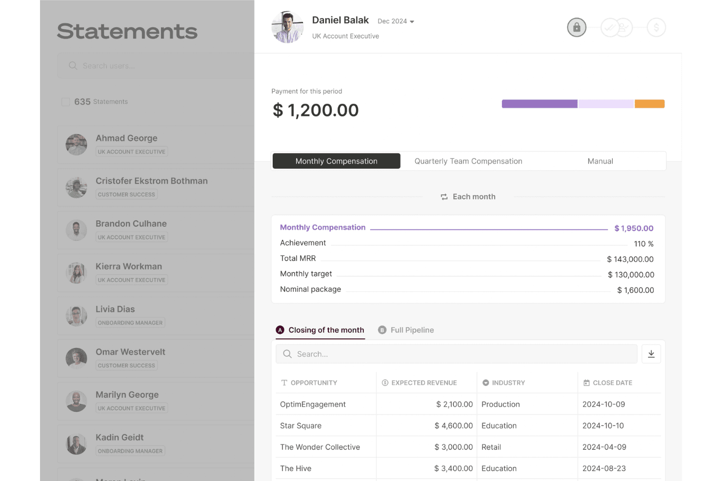 Qobra commission dashboard with automated calculations.