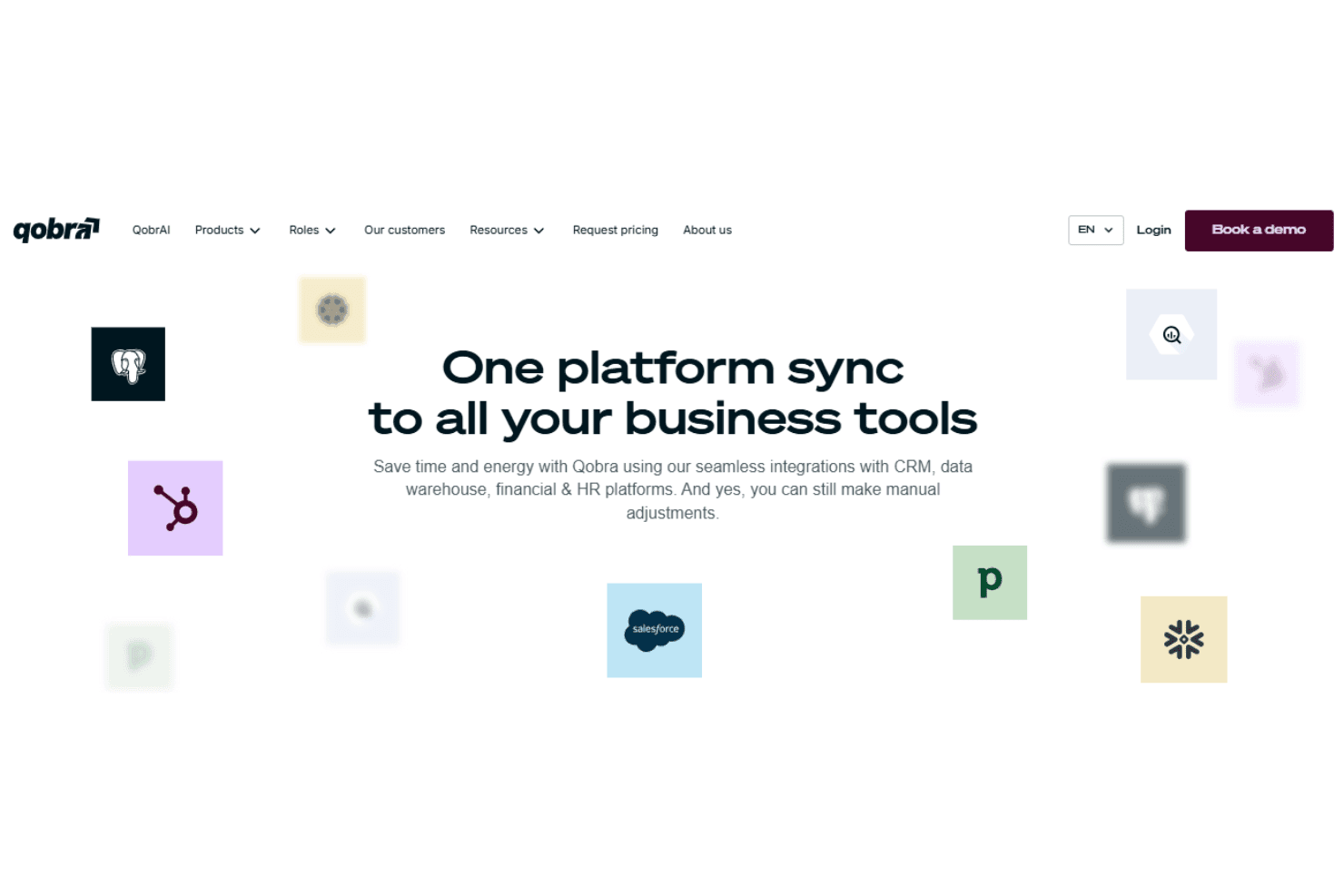 Qobra integrations dashboard with CRM, data, and API connections.