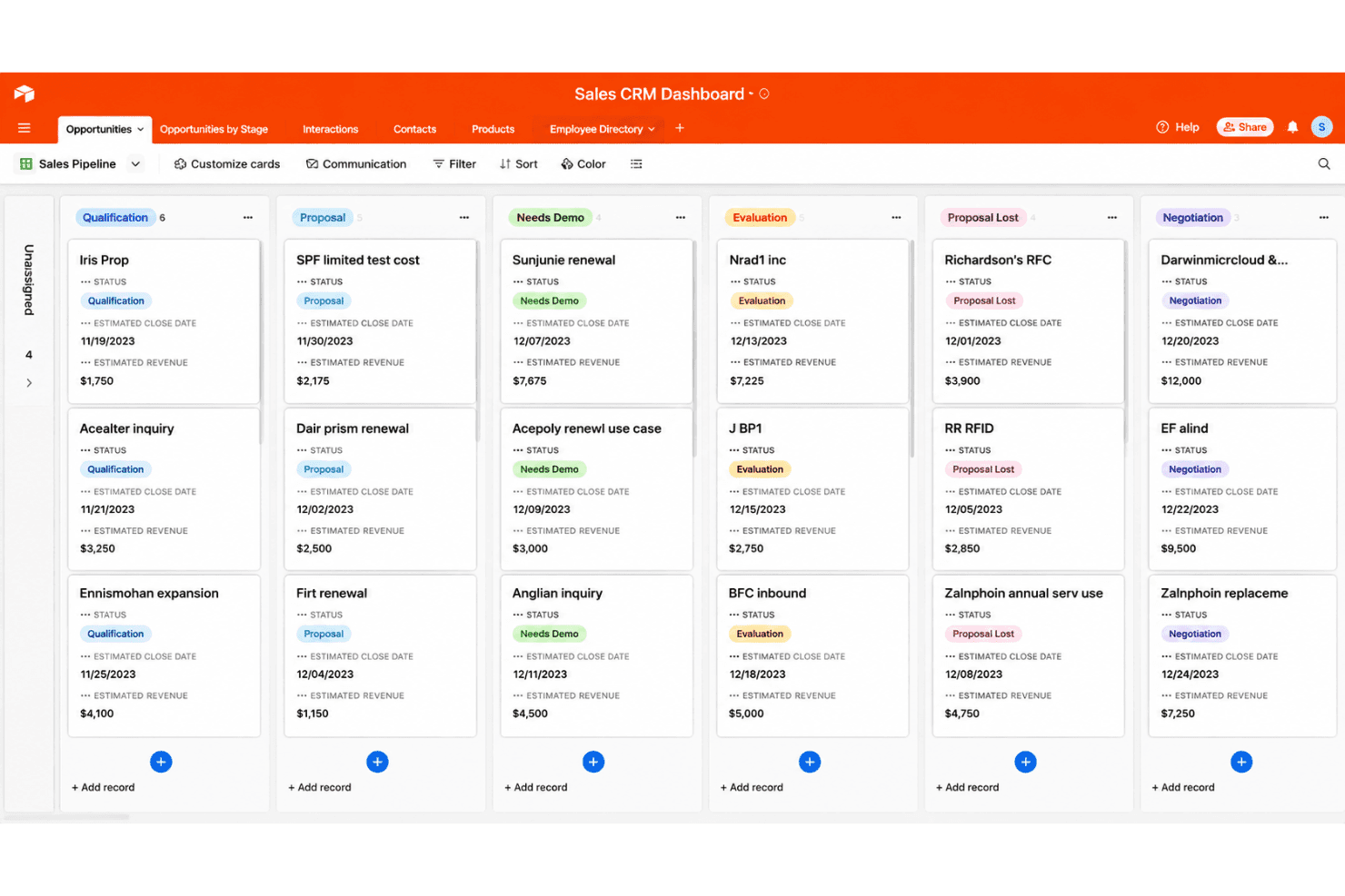 Airtable Sales CRM shows six Kanban pipeline stages with deal cards.