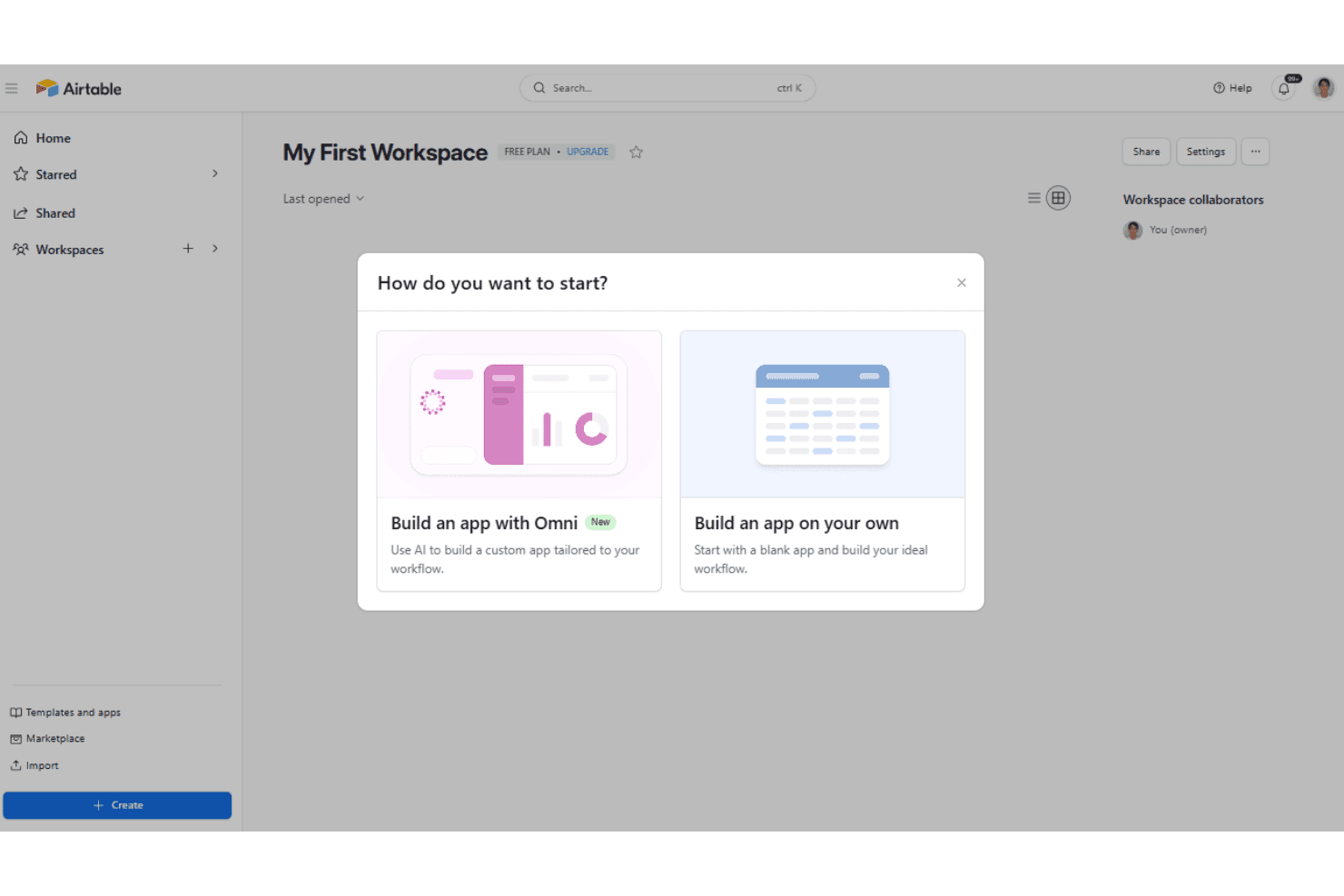 Airtable start modal offers AI-assisted or from-scratch app building.
