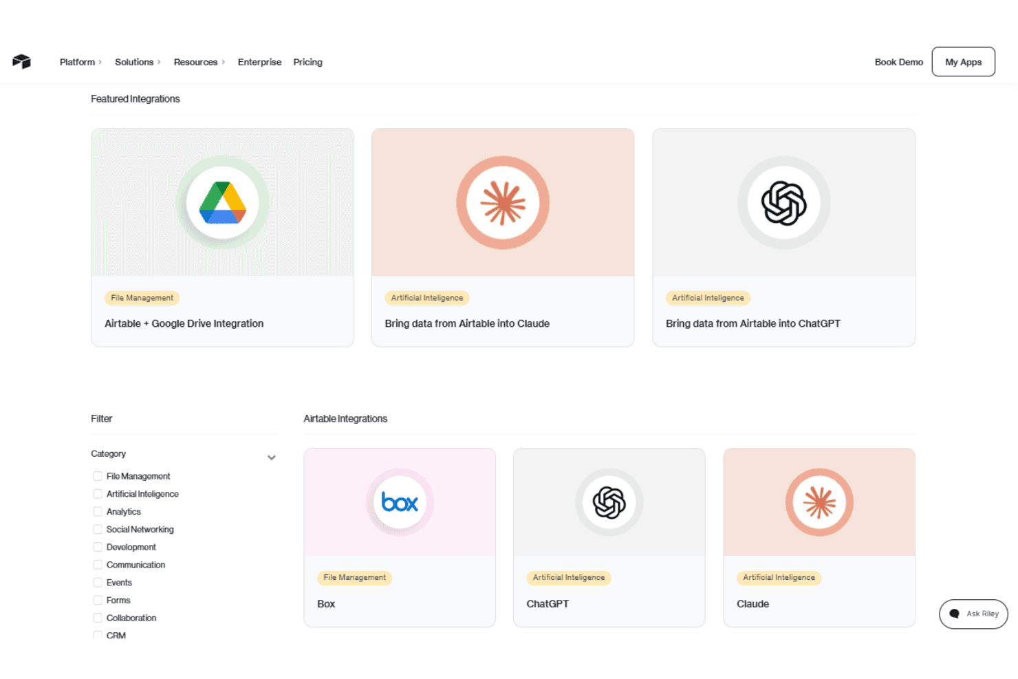 Airtable shows featured integrations with category filters.