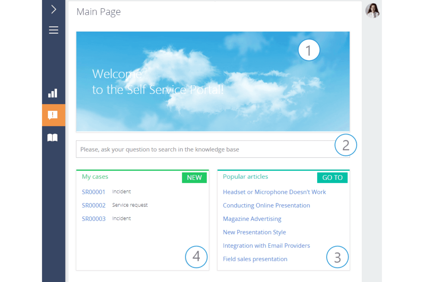 Creatio CRM Self Service Portal main page with search bar, case list, and popular articles.