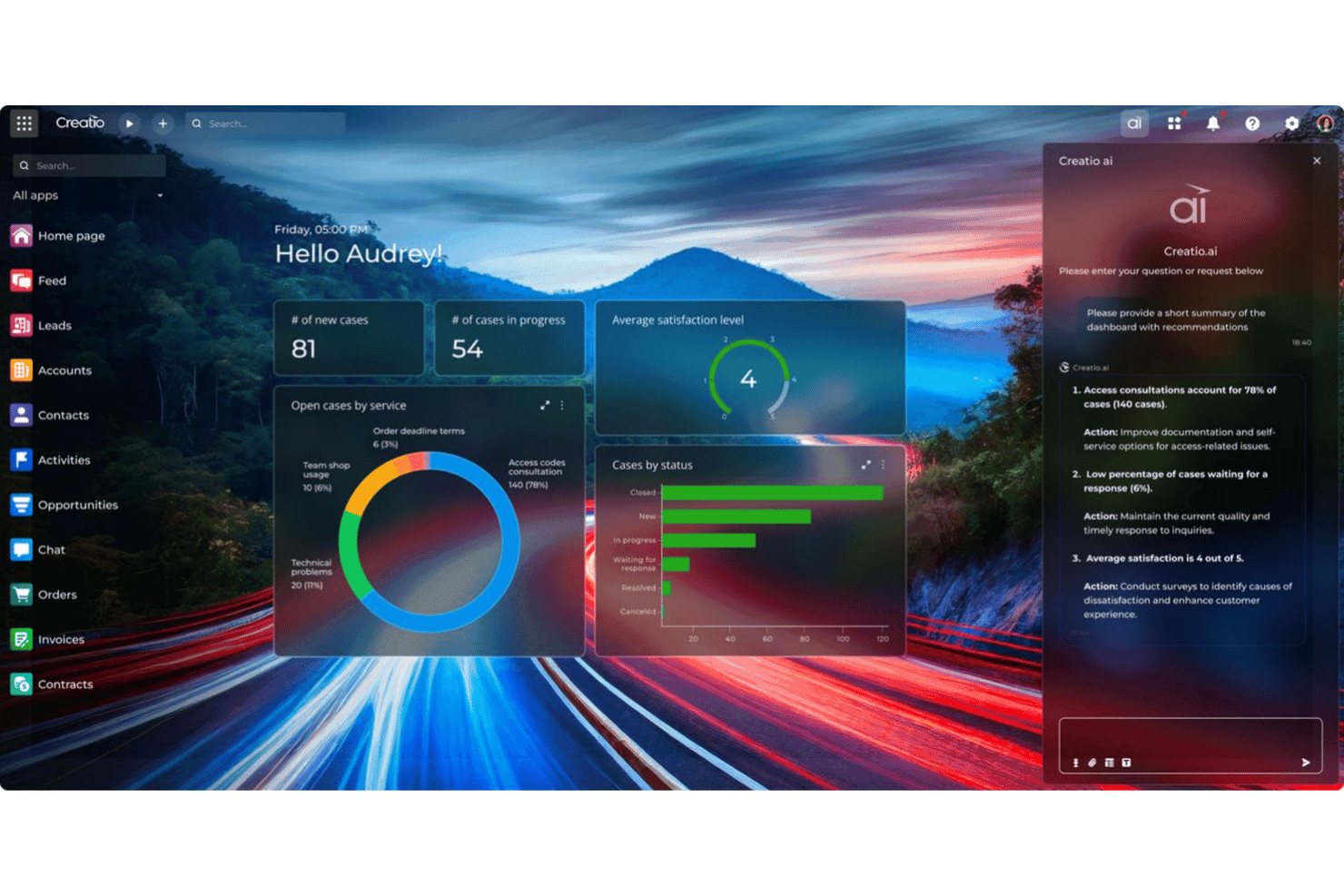 Creatio CRM dashboard with AI assistant panel showing case analytics and recommendations.