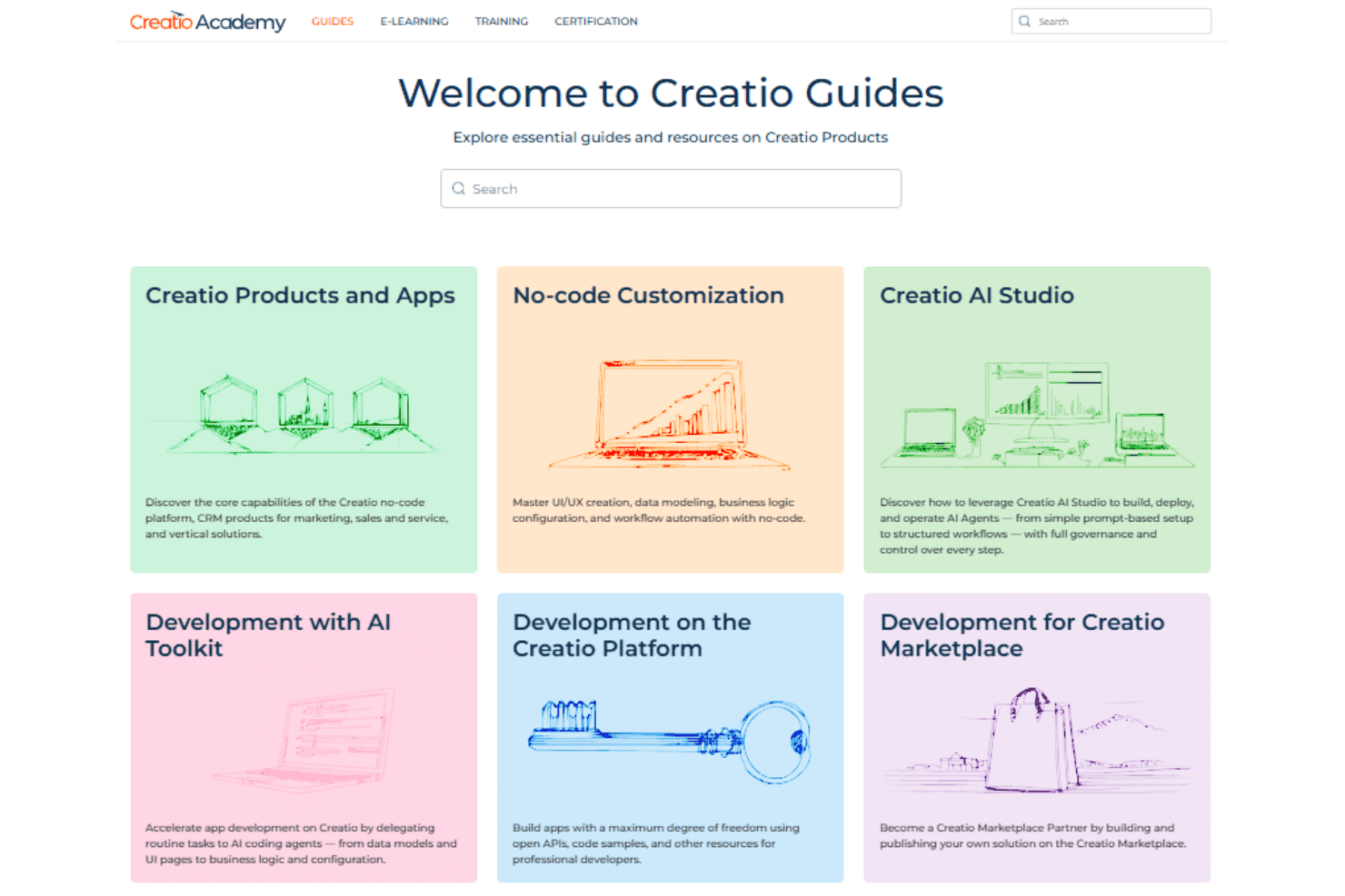Creatio Academy guides homepage with six categorized learning resource cards.