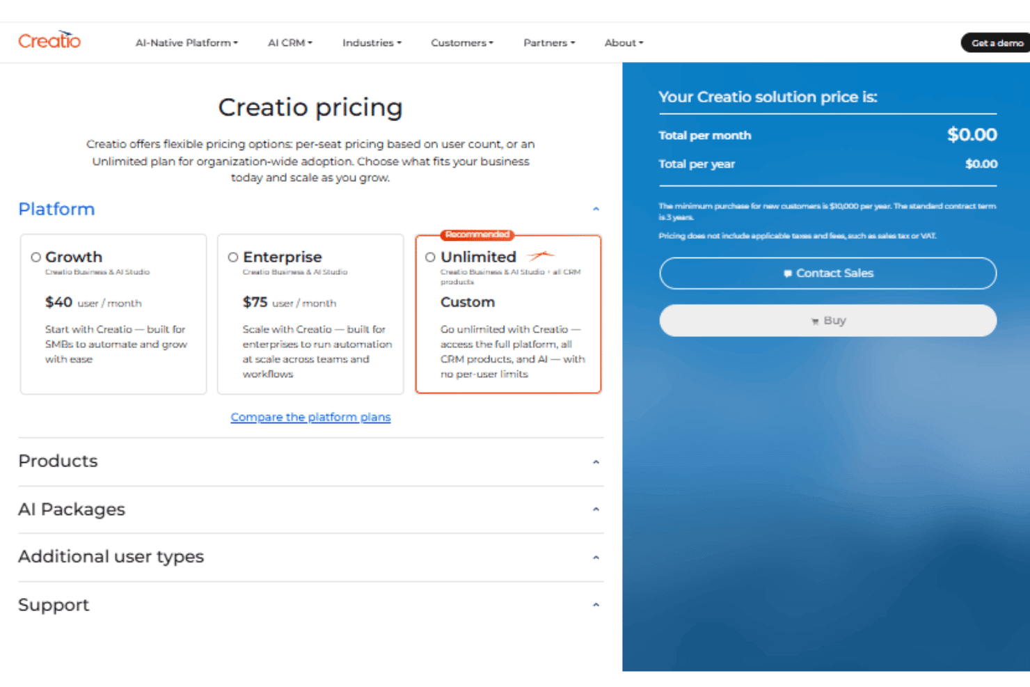 Creatio pricing page