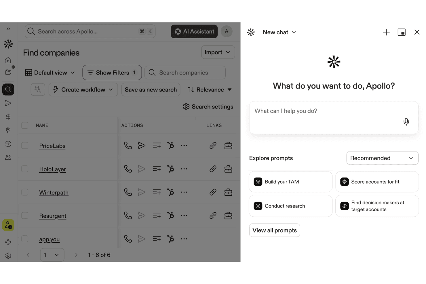 Apollo.io AI Assistant with prospect research and sales workflow tools.