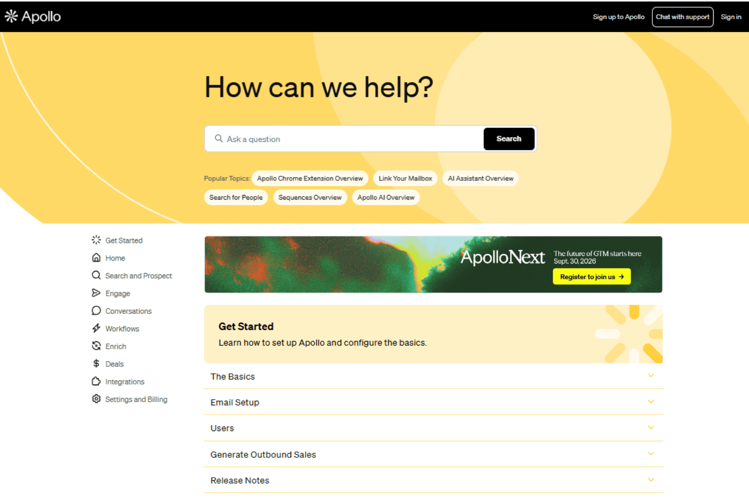 Apollo.io customer support with Academy, knowledge base, AI, and expert help.