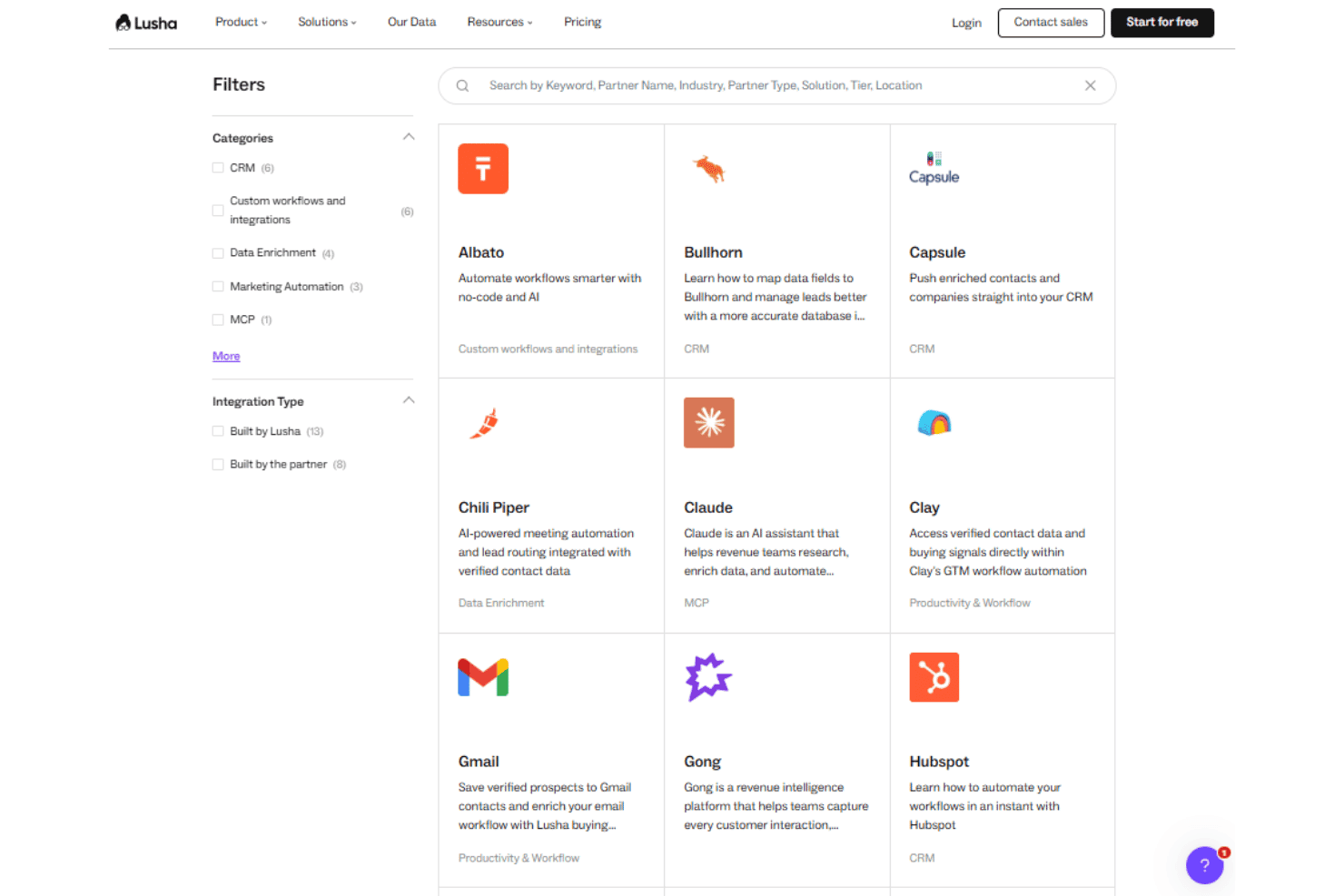 Lusha integrations with Salesforce, HubSpot, Outreach, Slack, and Zapier.