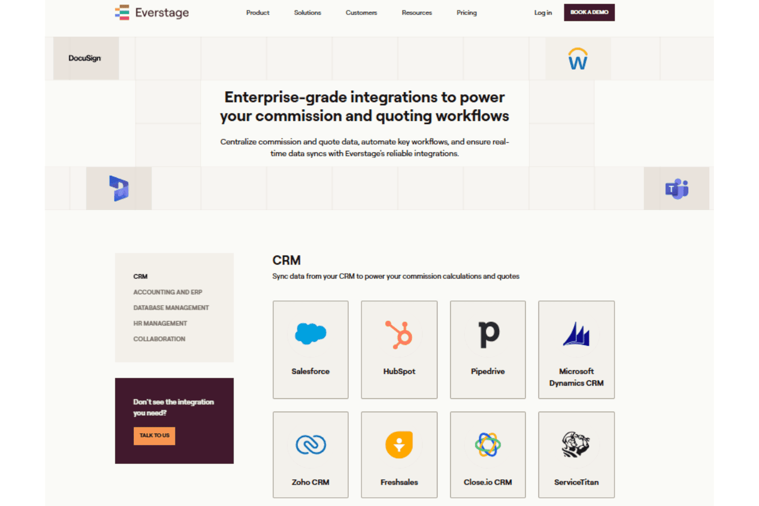 Everstage integrations dashboard with CRM, ERP, and accounting tools.