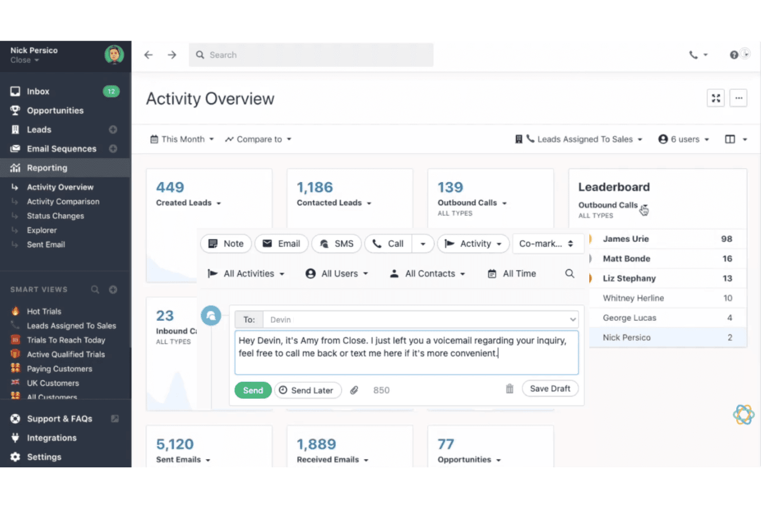 Close CRM built-in calling and SMS tools with call logging and communication tracking.