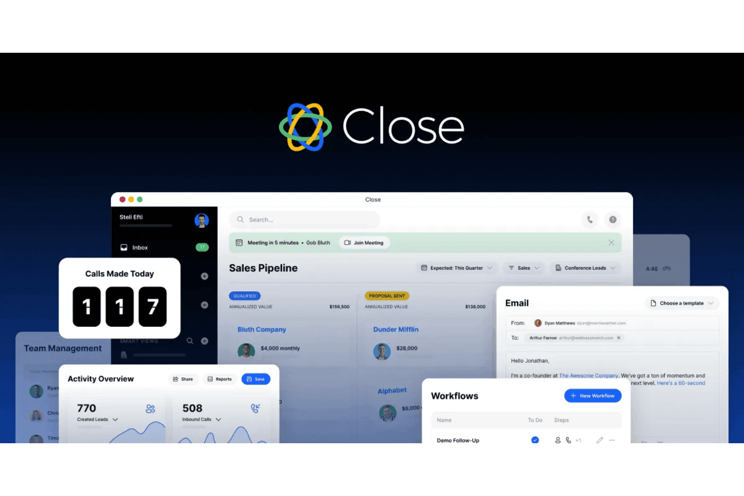 Close CRM dashboard with built-in calling, email, deal management, and sales activity tracking in a clean, user-friendly layout.