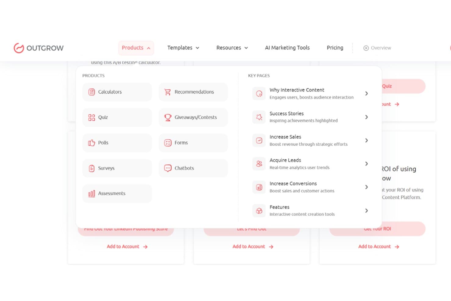 Menu del prodotto Outgrow che mostra calcolatori, quiz, sondaggi, questionari e altro.