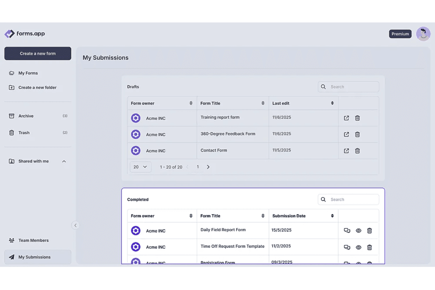 Dashboard di forms.app che mostra gli elenchi degli invii di moduli in bozza e completati con le date.