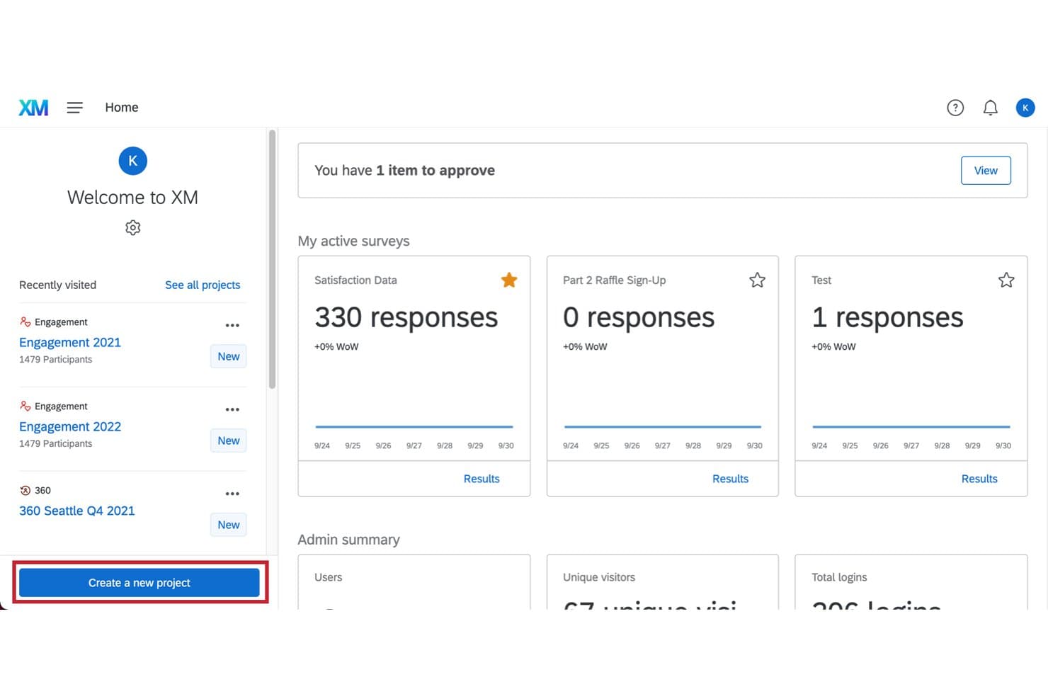 Pannello di personalizzazione della pagina iniziale di Qualtrics con interruttori per sondaggi, flussi di lavoro e richieste.