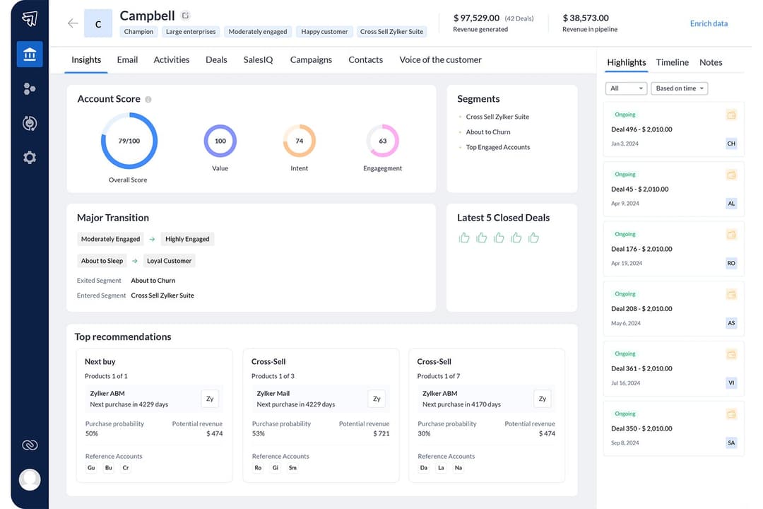 Zoho CRM tracks account scores, segments, and deal highlights for banking clients.