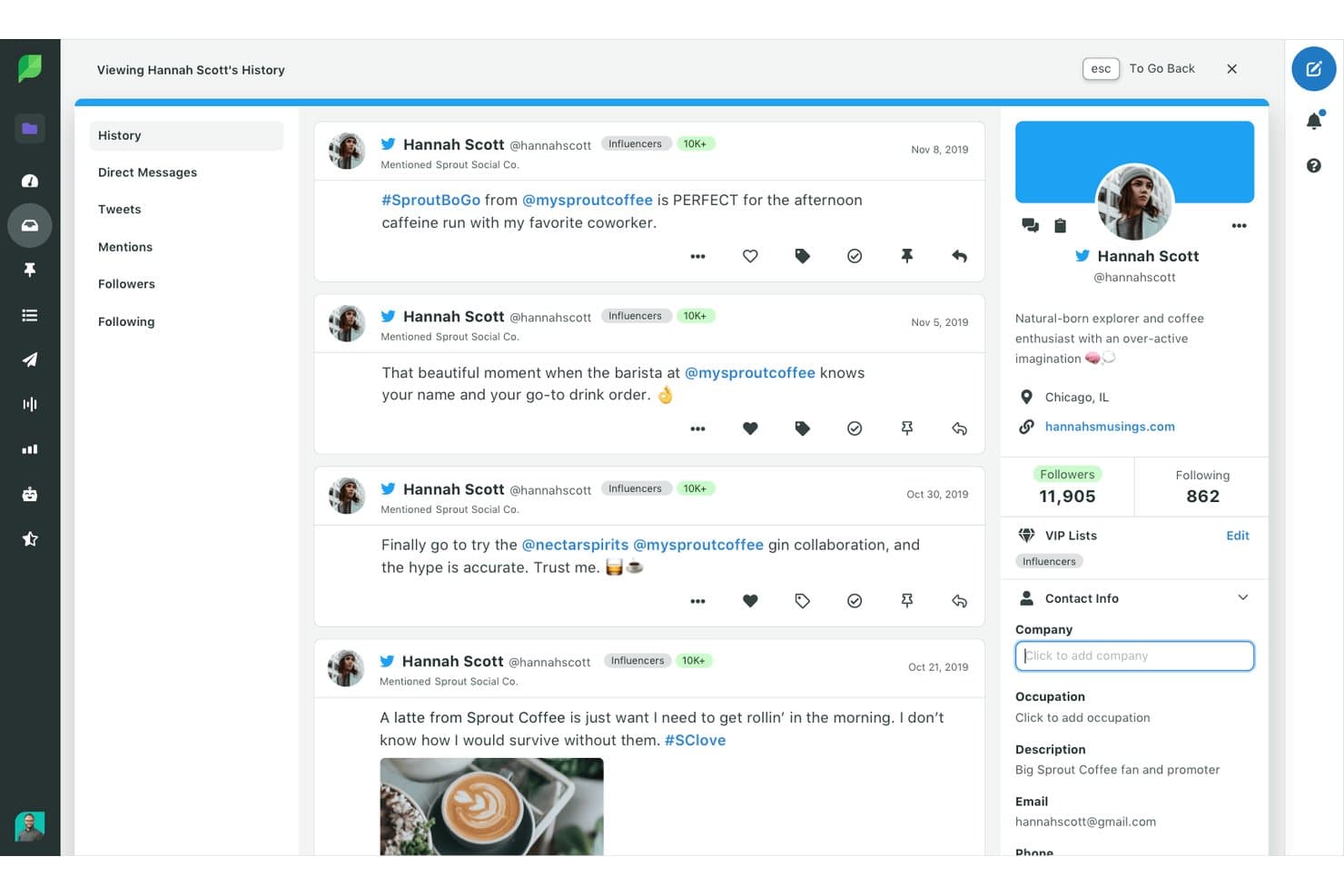 Sprout Socials kontaktprofilpanel som visar historik från Twitter, antal följare och redigerbara CRM-fält.