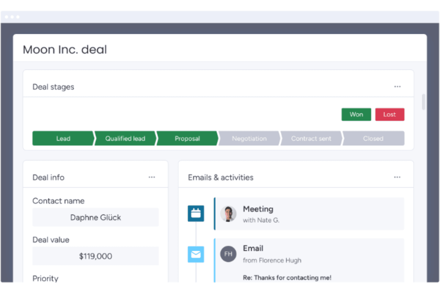 CRM-dealpagina met pijplijnfasen, contactgegevens en e-mailactiviteitenfeed.