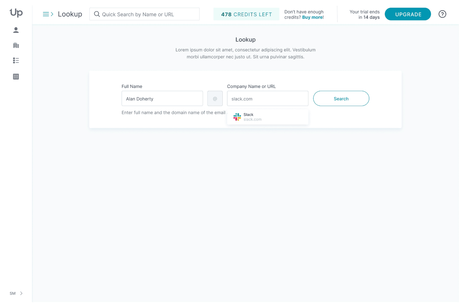 UpLeadin hakutyökalu, jossa näkyvät nimi- ja yrityksen URL-kentät sekä Slack-ehdotus.