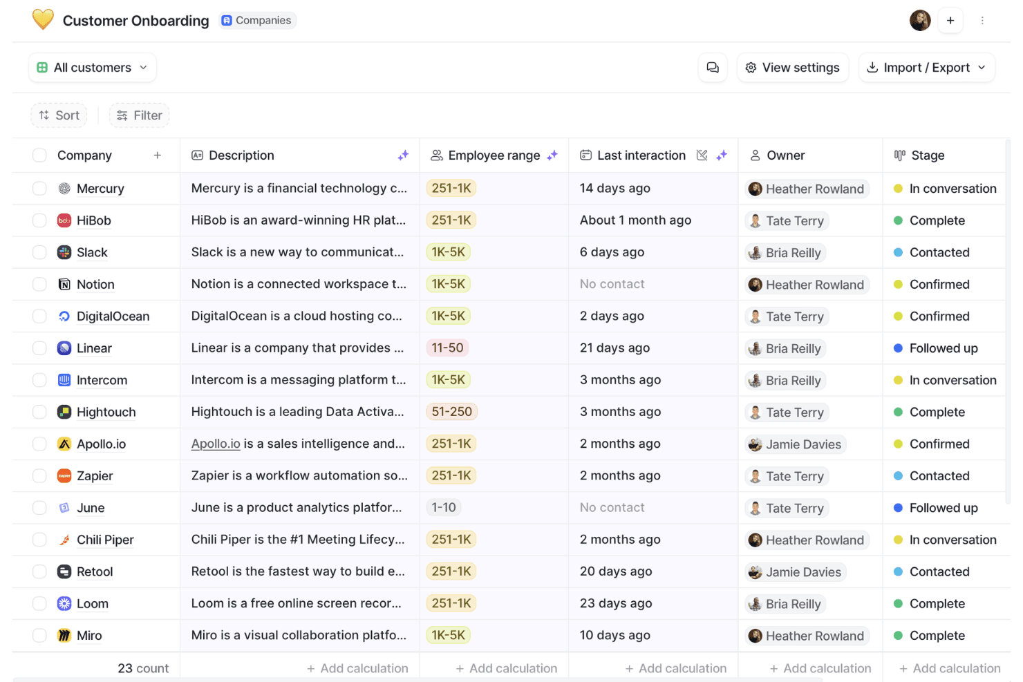 Attio CRM-tabel met inwerkfasen voor klanten, eigenaars en datums van de laatste interactie.