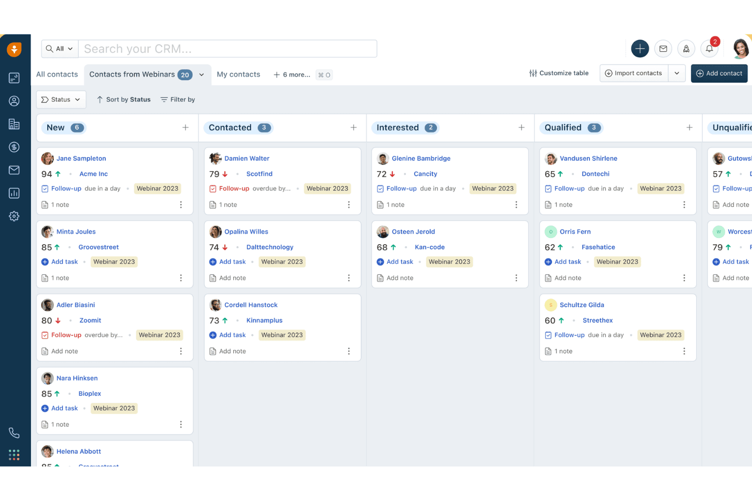Freshsalesin CRM-kanban-taulu, jossa yhteystiedot on ryhmitelty tilaa kuvaaviin sarakkeisiin.