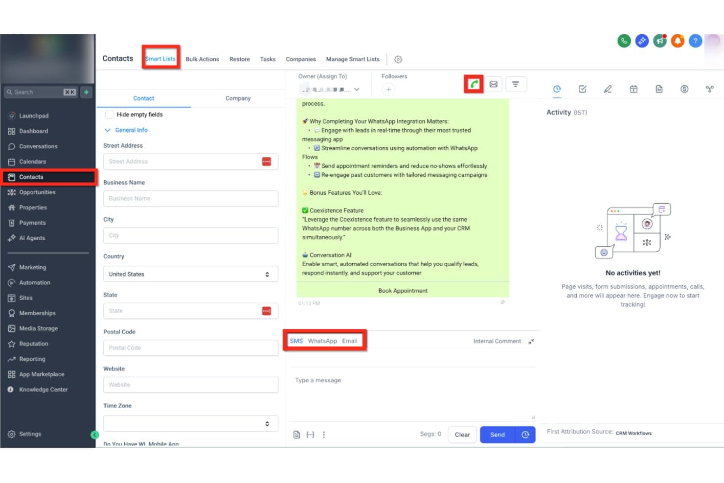 HighLevel CRM:n yhteystietonäkymä, jossa näkyvät SMS-, WhatsApp- ja sähköpostiviestinnän välilehdet.