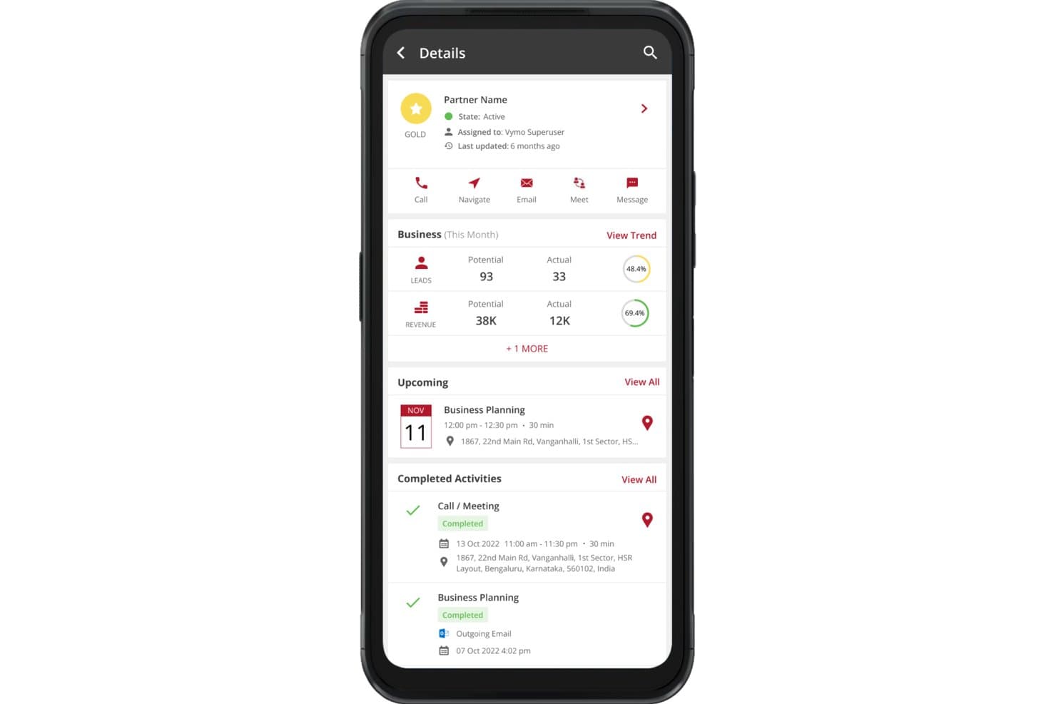 Vymon mobiili-CRM näyttää kumppanin tiedot, liiketoimintamittarit ja tulevat toiminnot.