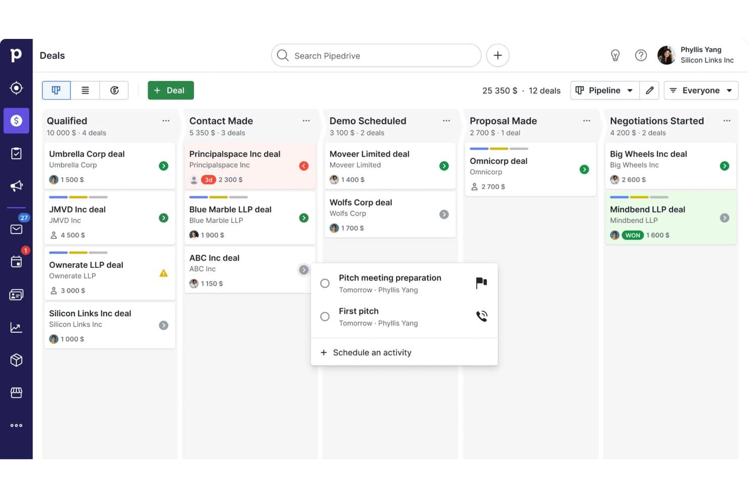 Pipedrive CRM-kanbanpipeline voor deals met vijf fasen en een activiteitenpop-up.