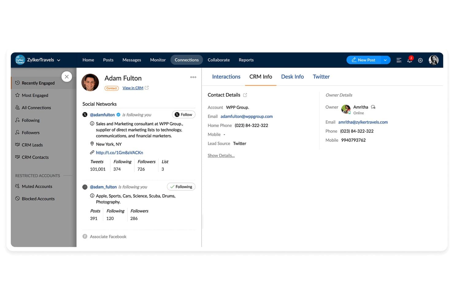 Panel połączeń Zoho CRM pokazujący profile społecznościowe i dane kontaktowe CRM dla kontaktu.