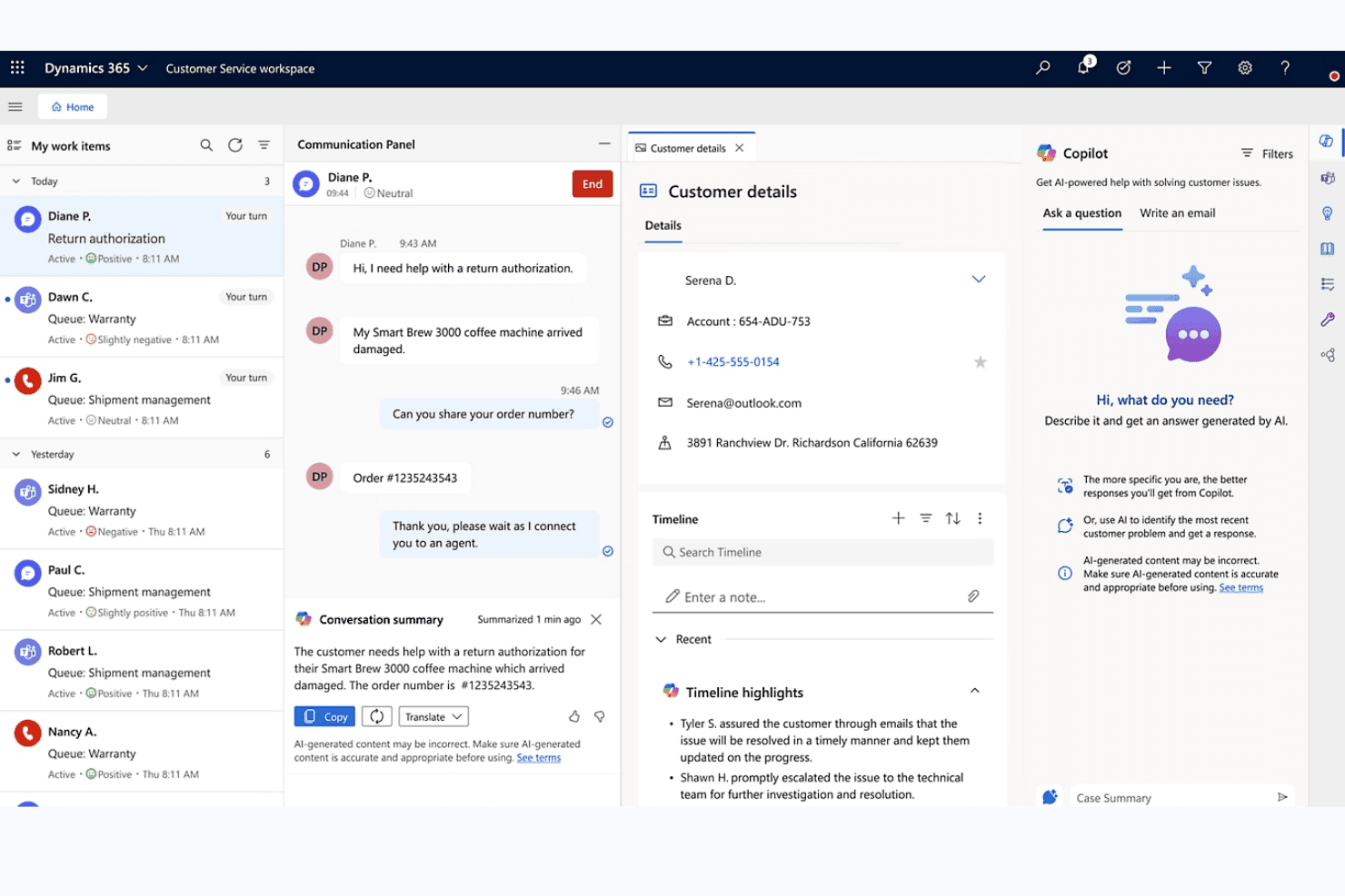 Dynamics 365 Customer Service -työtila, jossa näkyvät keskustelupaneeli, asiakastiedot ja Copilotin tekoälysivupalkki.