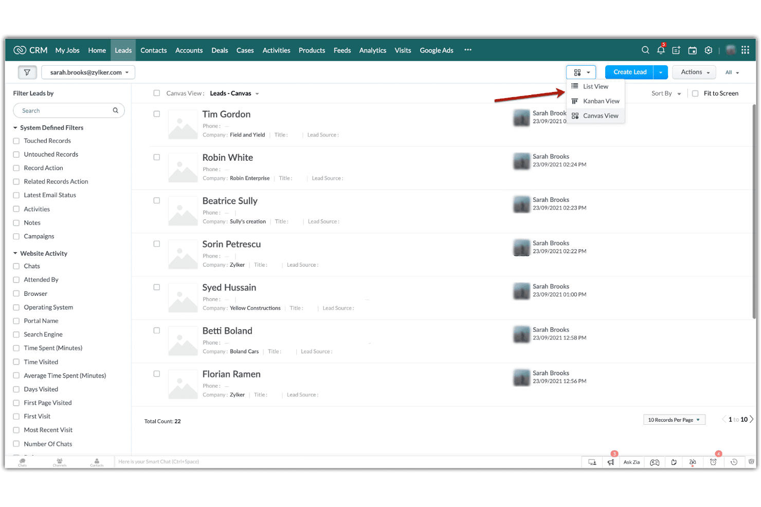 De module Leads van Zoho CRM met weergaveopties: Lijst, Kanban en Canvas.