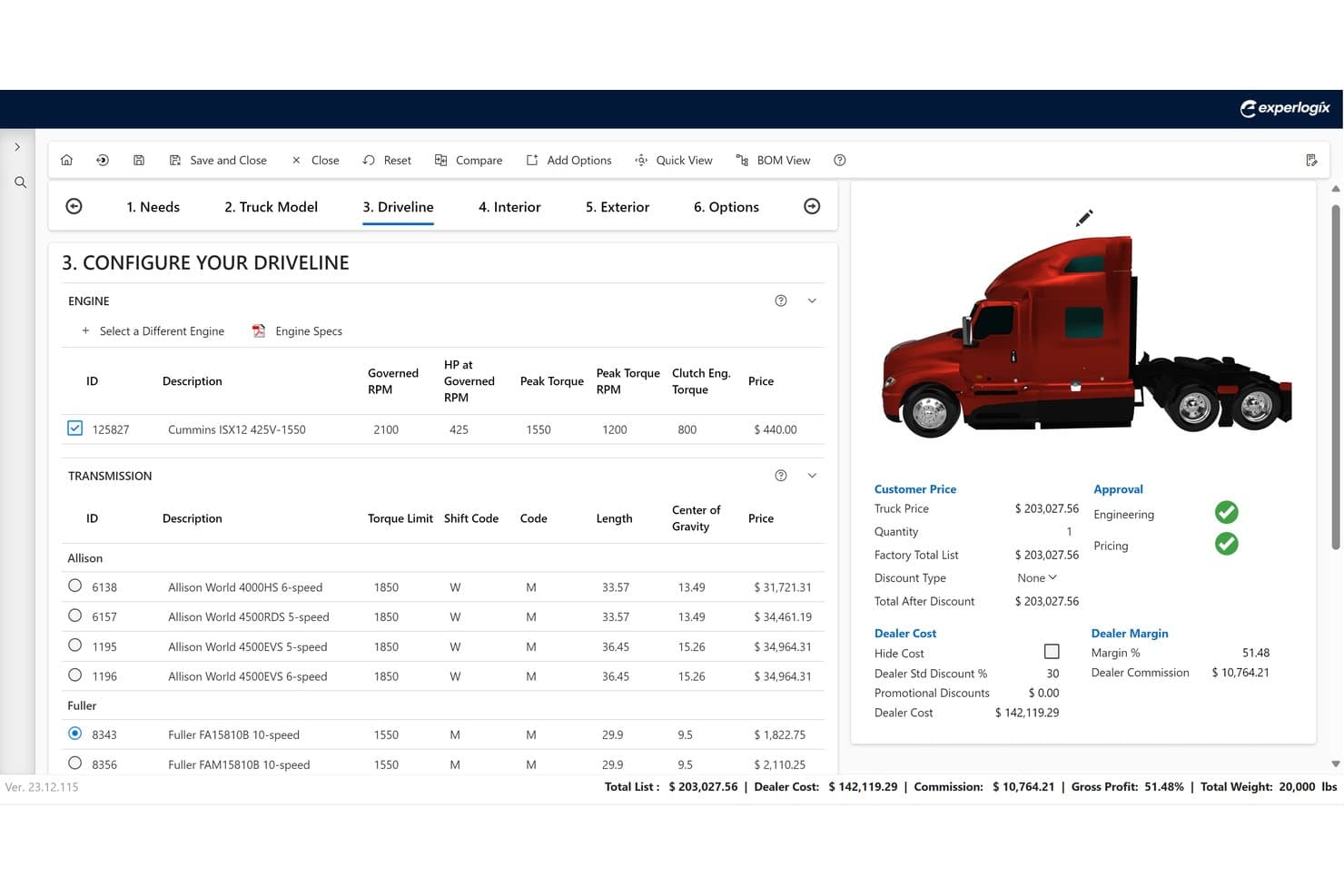 Experlogix CPQ:s konfigurationsskärm för drivlinor visar motor- och transmissionsalternativ med priser.