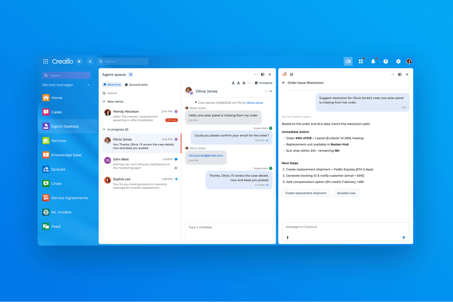 Agentdesktop van Creatio CRM met een chatinterface voor het oplossen van bestelproblemen met behulp van AI.