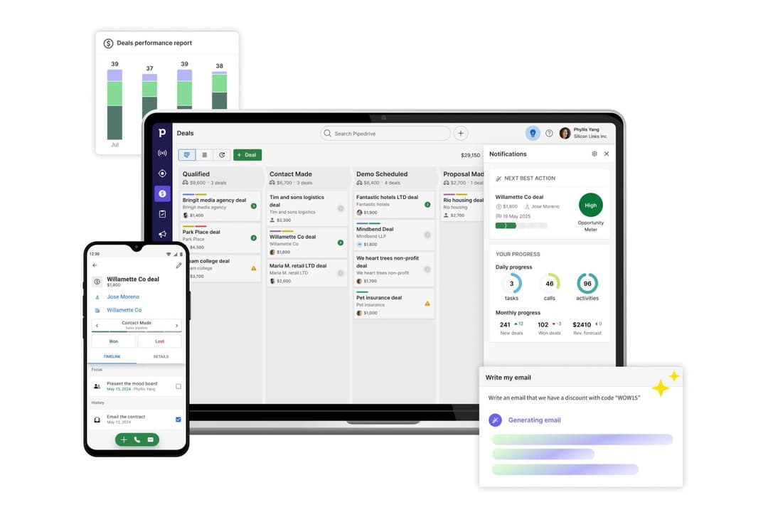 Pipedrive CRM centralizes deal tracking and AI email tools in one view.