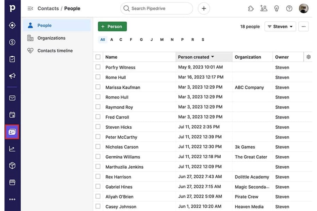 Pipedrive CRM centralizes social media contacts in one organized list view.