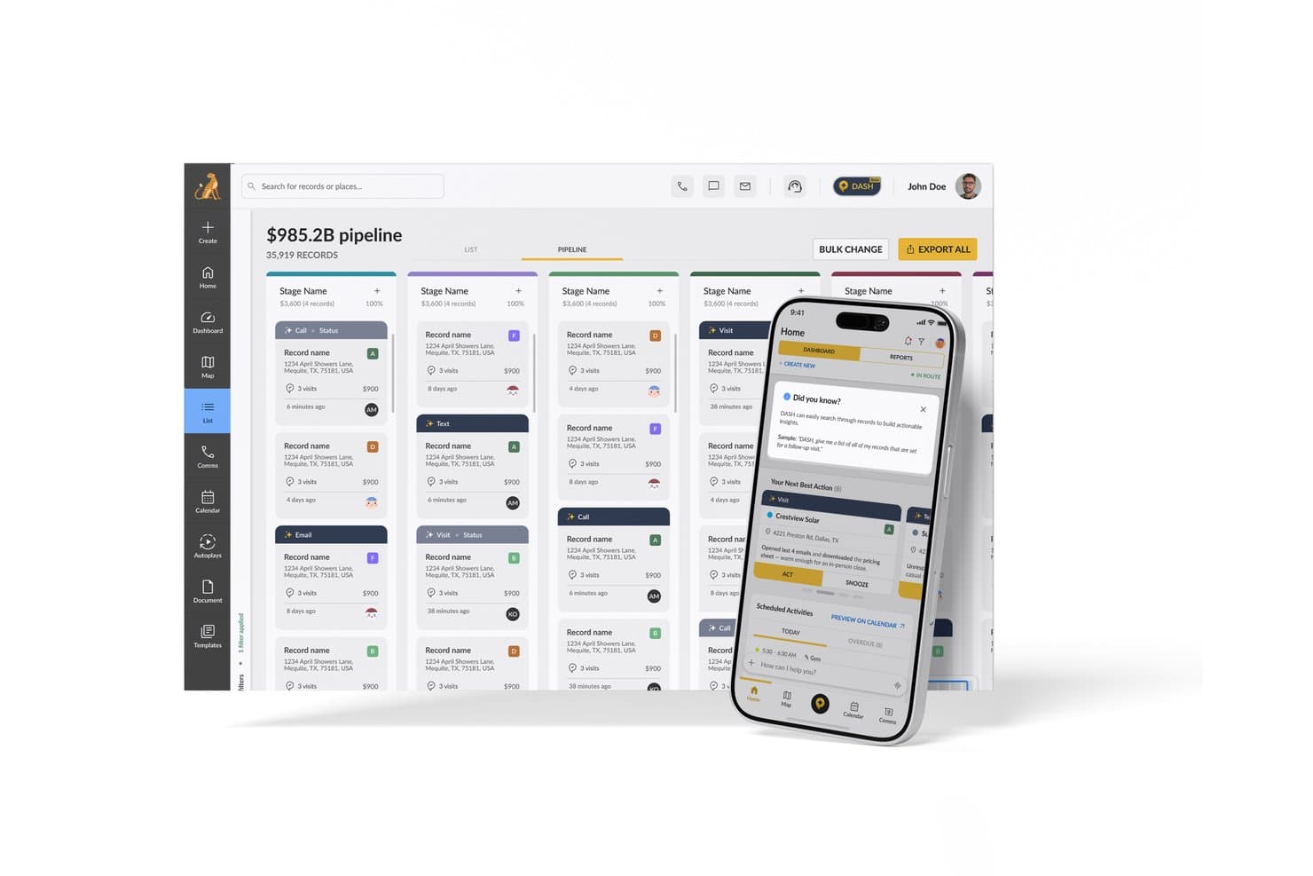 SPOTIOn myynnin CRM näyttää työpöydällä myyntiputken kanban-taulun ja mobiilisovelluksessa tekoälypohjaisen aloitusnäytön.