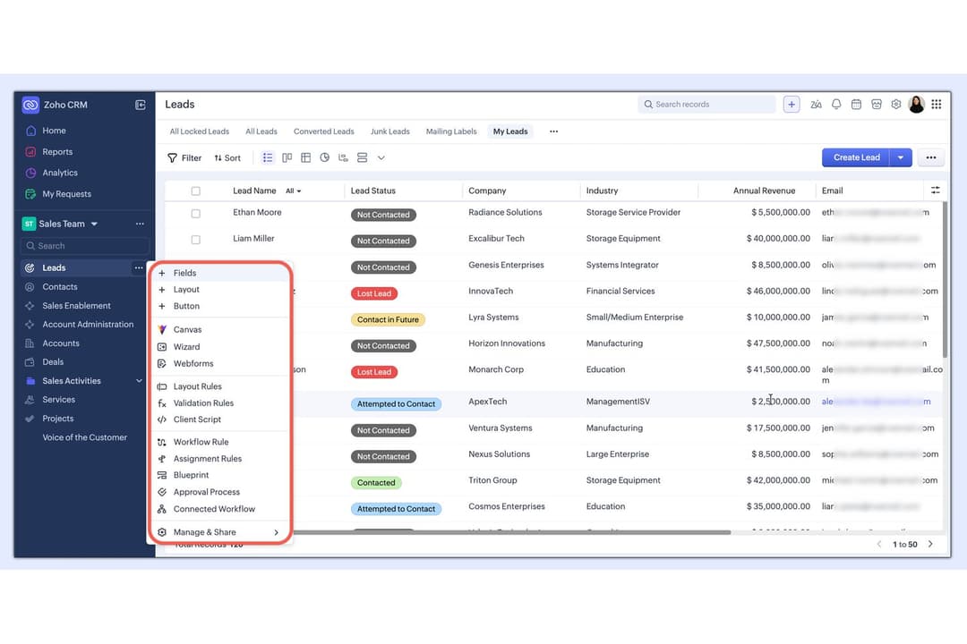Zoho CRM lets users customize Leads with fields, layouts, and automation rules.