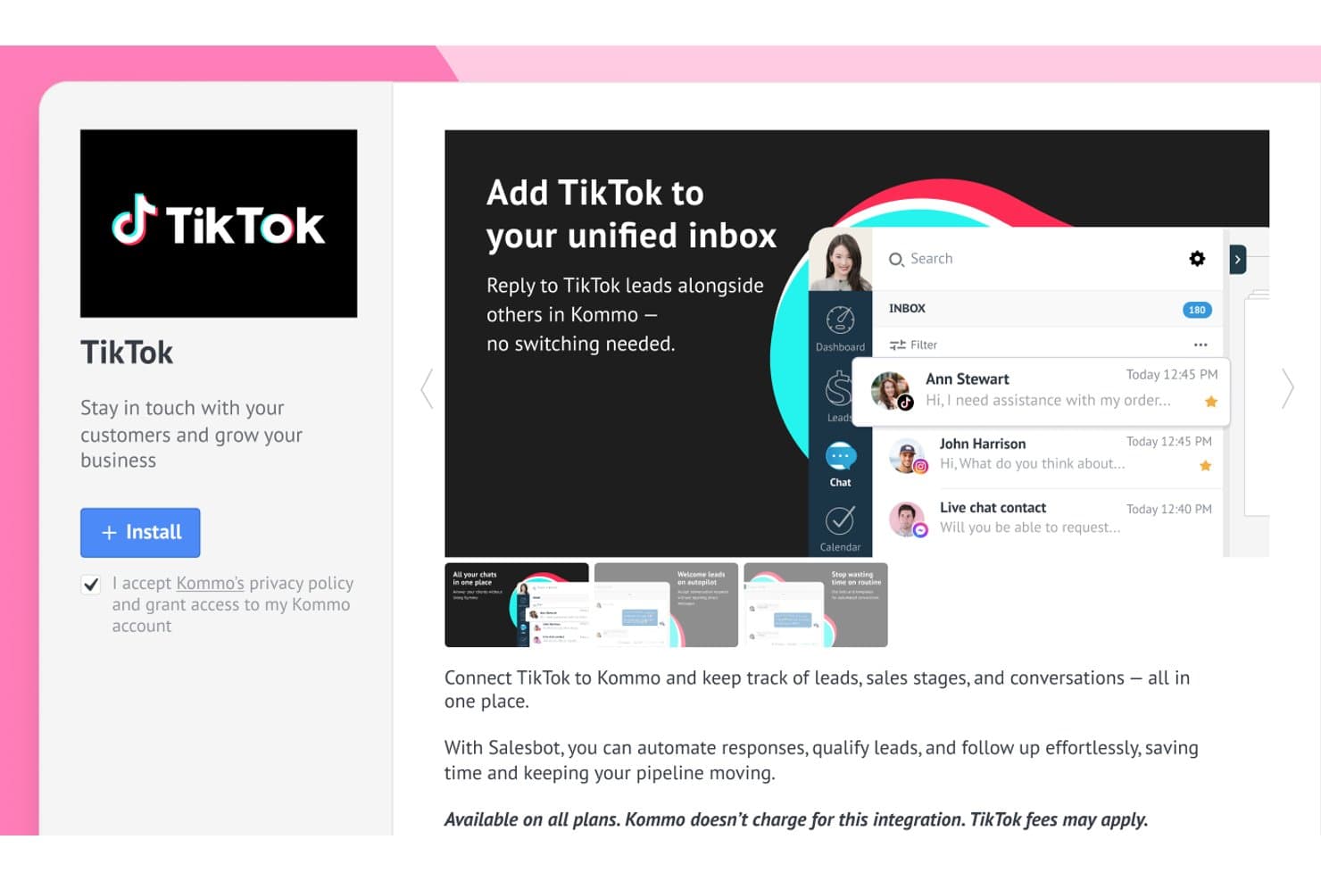 TikTok-integrationssida i Kommo som visar en enhetlig inkorg med meddelanden från sociala medier.