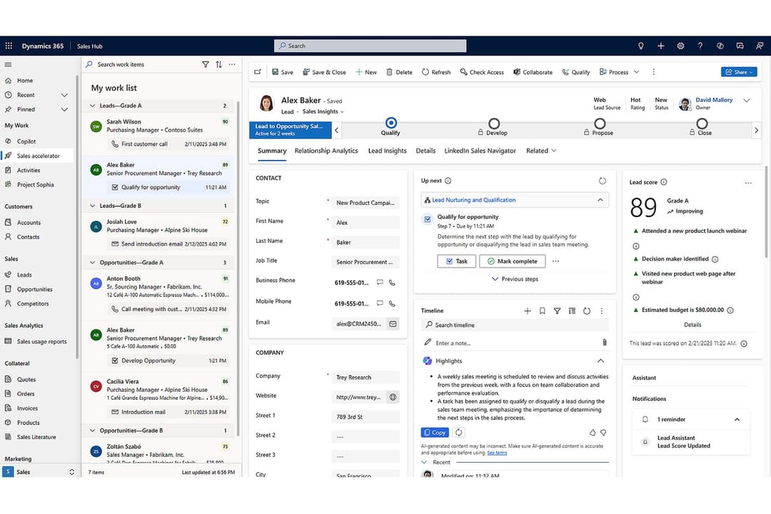 Microsoft Dynamics 365 centralizes lead tracking and team collaboration in one view.