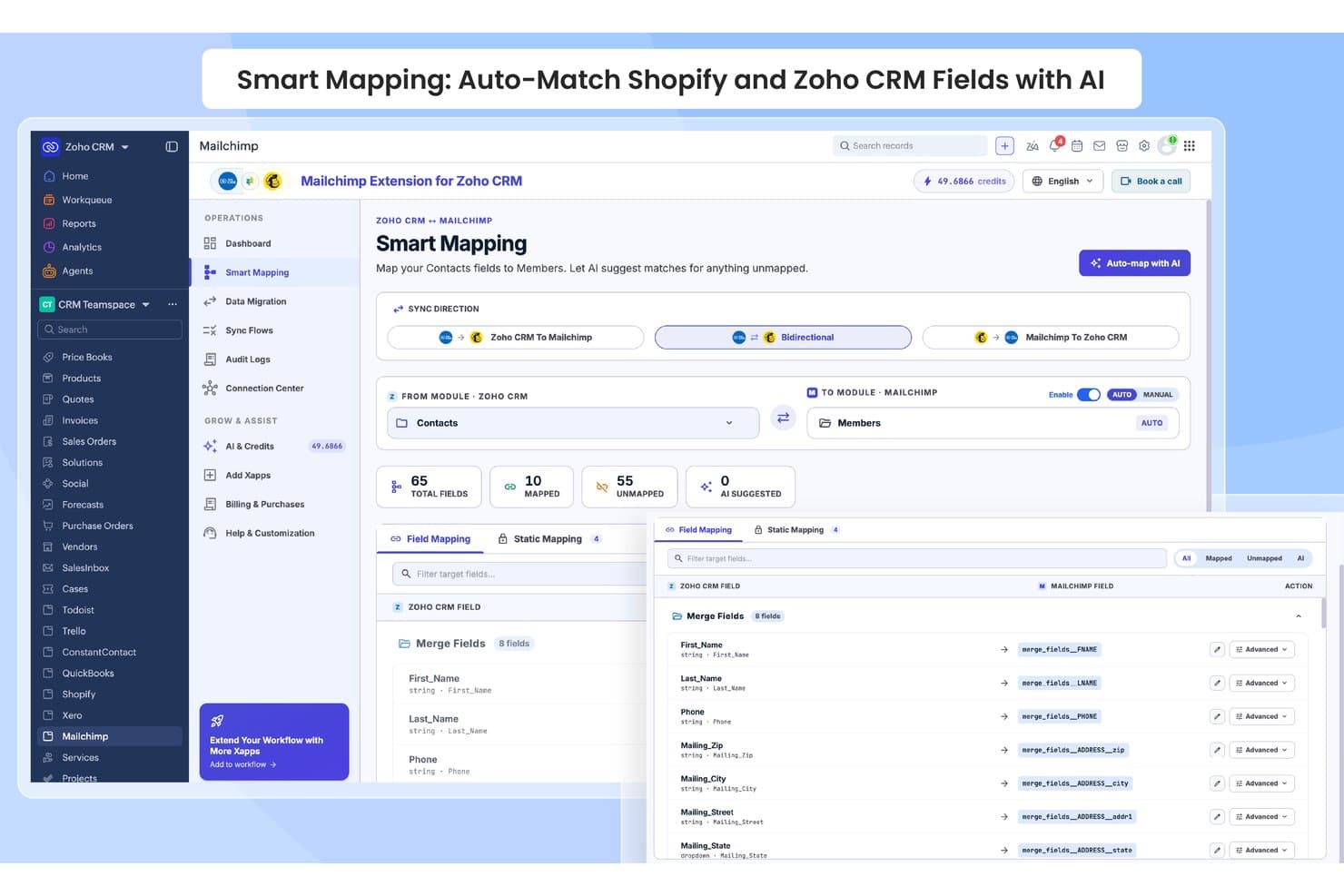 Zoho CRM:n älykkään yhdistämisen käyttöliittymä, joka synkronoi yhteystietojen kentät kaksisuuntaisesti Mailchimp-jäsenten kanssa.