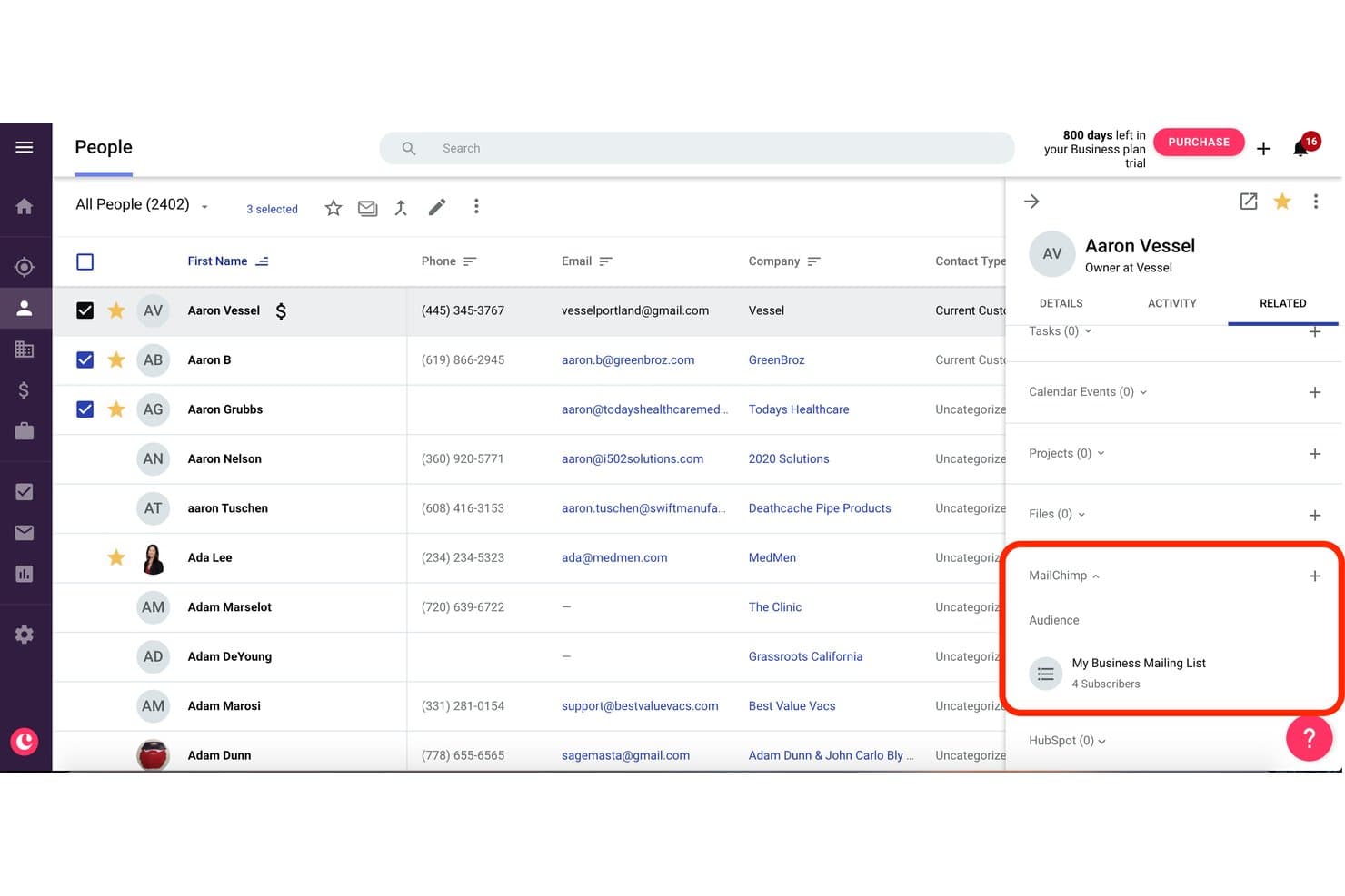 Copper CRM:n yhteystietoluettelo, jossa näkyy Mailchimp-yleisön tilaajat esittävä integraatiopaneeli.