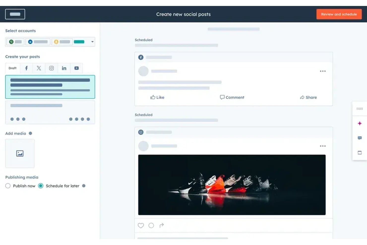 Gränssnitt för att skapa sociala inlägg i HubSpot med schemaläggningsalternativ och förhandsvisningar av plattformar.