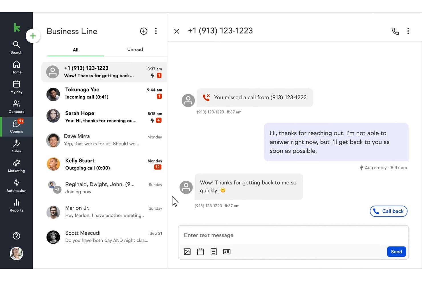 Keapin CRM-yritysnumero näyttää vastaamattoman puhelun jälkeen lähetetyn automaattisen SMS-viestin.