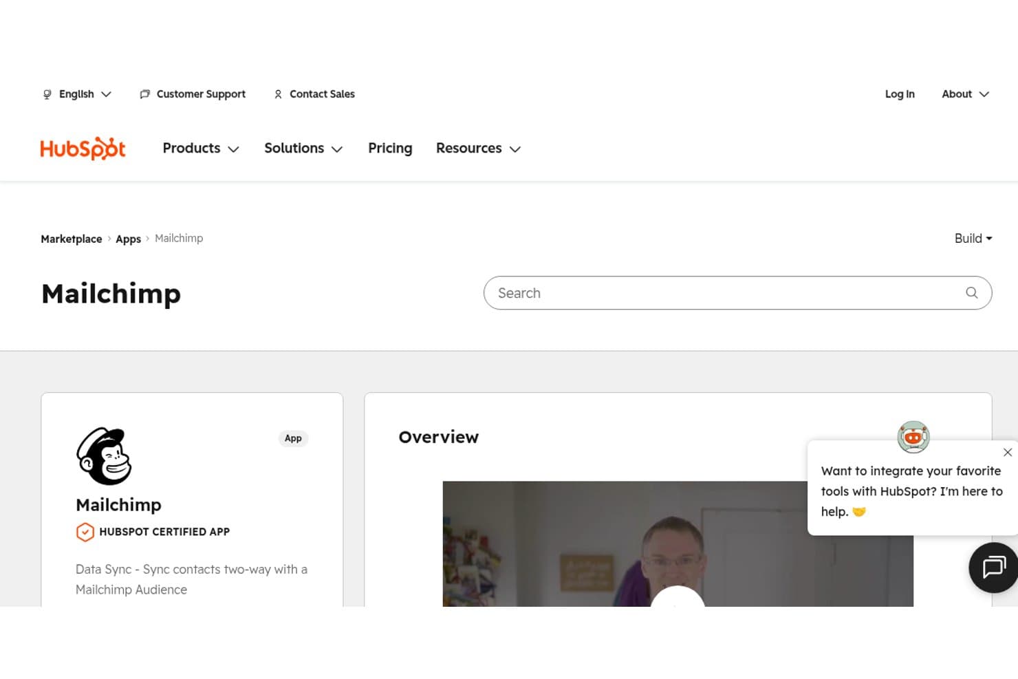 HubSpotin markkinapaikkasivu, jolla Mailchimp näkyy HubSpotin sertifioidun sovelluksen integraationa.